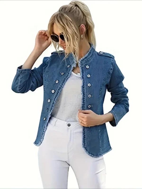 Women's Elegant Blue Frayed Denim Jacket - Image 3